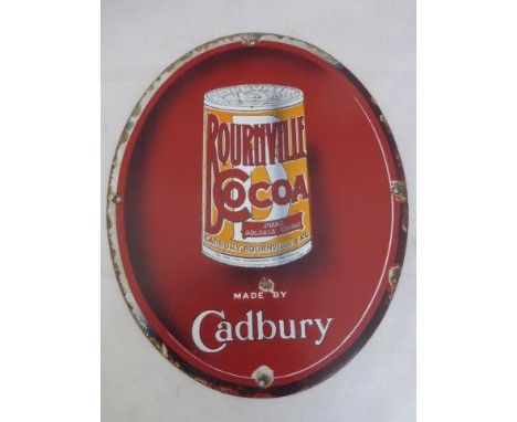 A very rare Bournville Cocoa pictorial can oval enamel advertising sign, in good condition, 10 1/4 x 13". 