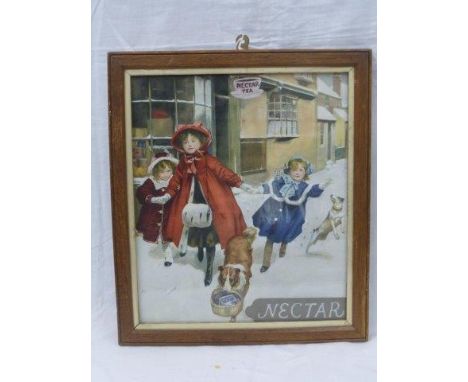 An oak framed and glazed Nectar Tea advertisement depicting three young girls and two dogs playing in the snow, 11 x 13". 