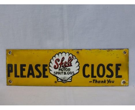 A rare Shell Motor Spirit & Oils 'Please Close' rectangular enamel door plate, 13 x 4"