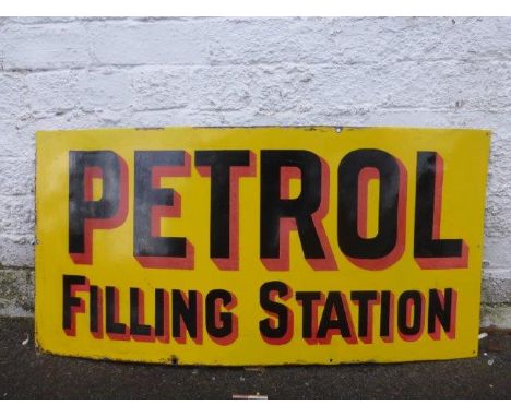 A 'Petrol Filling Station' enamel sign with restoration and repairs particularly to the right hand side, 36 x 18". 