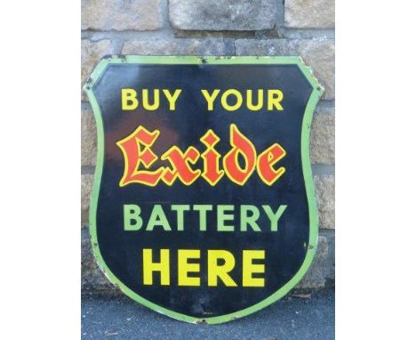 Yesterday's World Museum Electrical Store - an Exide Battery shaped enamel sign by Stocal, in good condition, 20 1/2 x 24" .