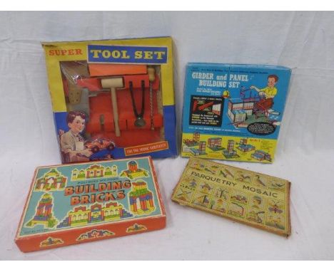 A Chad Valley Games 'Parquetry Mosaic', a boxed British Welbeck set of 'Polished Wooden Building Bricks', a boxed Chad Valley