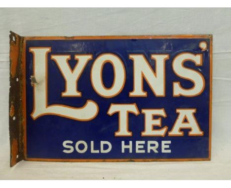A Lyons' Tea Sold Here double sided enamel sign with hanging flange, 18 x 11 3/4".