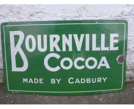 A Bournville Cocoa 'Made by Cadbury' green rectangular enamel sign, 24 x 14".