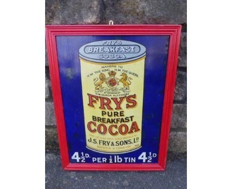 A Fry's Pure Breakfast Cocoa pictorial 'Can' enamel sign by Patent Enamel, set within a wooden frame (possibly reduced), with