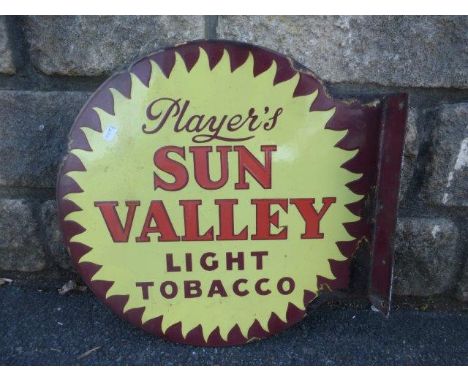 A Player's Sun Valley Light Tobacco circular double sided enamel sign with hanging flange, 16 x 15 1/2". 