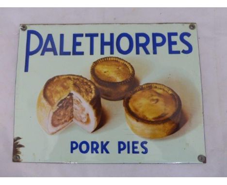 A rare Palethorpes Pork Pies pictorial enamel sign in very good condition and of rare size, 12" x 9 1/4"