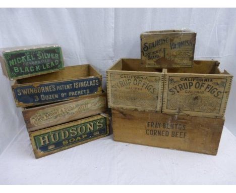 Four advertising dispensing crates branded Pears' Soaps, Colman's Mustard Oil for Rheumatism, Caley's Milk Assorted Concentra