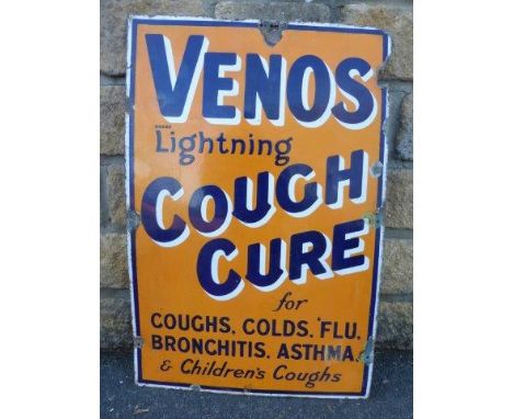 A Venos Lightening Cough Cure rectangular enamel sign, 20 x 30". 