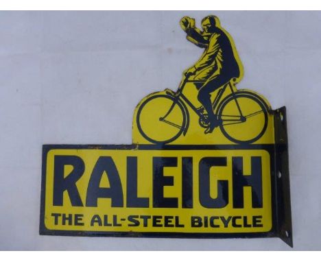 A Raleigh 'The All-Steel Bicycle' pictorial diecut double sided enamel sign with hanging flange, in very good condition, 14 x