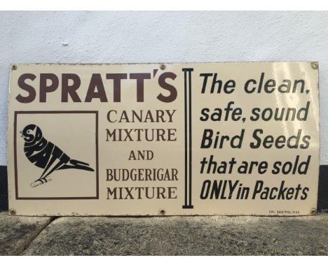 A Spratt's Canary Mixture and Budgerigar Mixture part pictorial rectangular enamel sign, in excellent condition, 24 x 12".