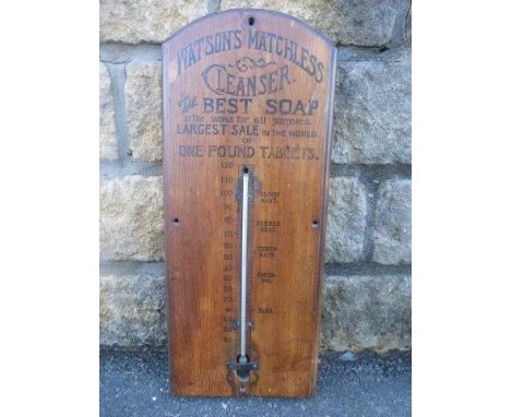 A Watson's Matchless Cleanser wooden thermometer, 8 3/4 x 21". 