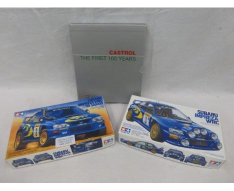 Two 1/24th scale Tamiya model kits, Subaru Imprezza WRC, 98 Monte Carlo and Subaru Imprezza WRC 98 Safari; also Castrol 'the 