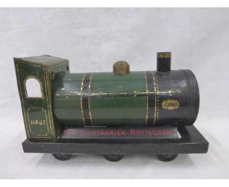 A rare tinplate 'Jumbo' locomotive biscuit tin marked N.B. Glimfabriek-Rotterdam.