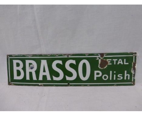 A small Brasso Metal Polish green and white enamel sign, 16 x 4".
