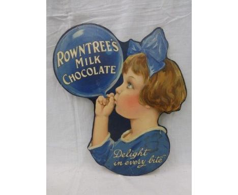 A rare Rowntree's Milk Chocolate pictorial diecut hanging showcard depicting a young girl blowing up a balloon monogrammed EM