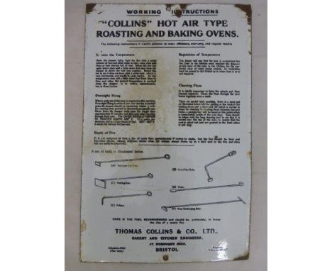 A rectangular enamel sign detailing the working instructions for Collins Hot Air Type Roasting and Baking Ovens (Bristol), 11