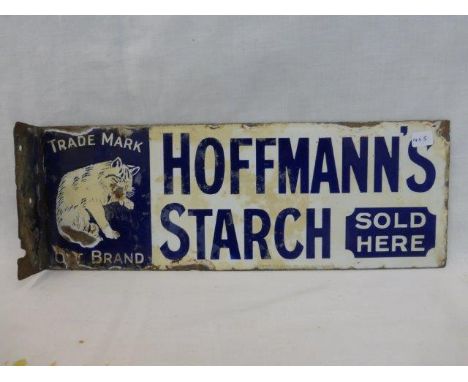 A small and rare Hoffmann's Starch double sided  part pictorial enamel sign with hanging flange, 14 x 5". 