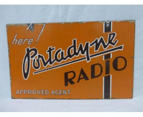 A Portadyne Radio Approved Agent double sided hanging enamel sign, with a patch of restoration to the centre of one side, 18 