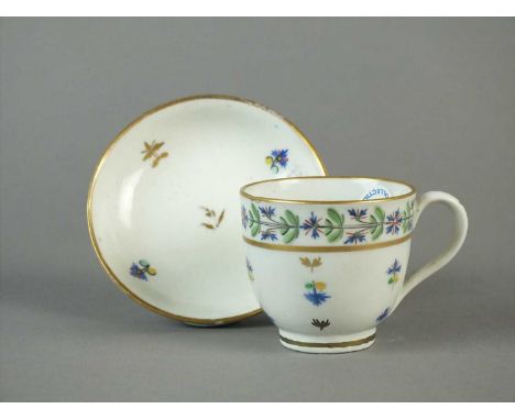 A Caughley toy coffee cup circa 1785-90 painted in overglaze enamels with blue and gilt cornflower type sprigs, gilt edge, 4c