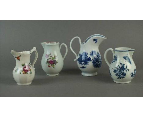 A group of four Worcester cream jugs circa 1770-1800 comprising a Flight's Worcester helmet-shaped jug transfer-printed in th