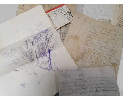 A collection of WW1 documents recovered from a dead German soldier at the Western front, 1917including sketch of the trenches