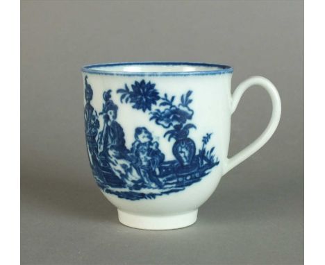 A Caughley coffee cup circa 1780 of plain form, with thin indented loop handle, transfer-printed in underglaze blue with the 