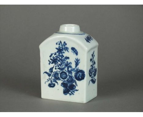 A Lowestoft tea caddy circa 1770 of cylindrical form, transfer-printed in underglaze blue with a Three Flowers and Butterfly 
