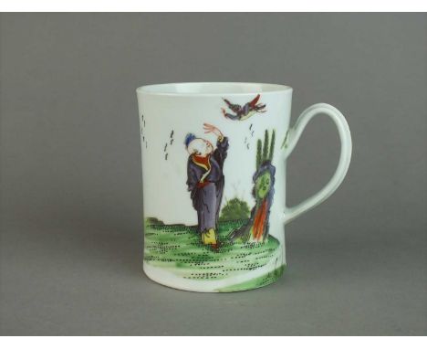 A Worcester mug c.1756-58 the slightly tapering cylindrical form painted with the Beckoning Chinaman pattern, featuring singl