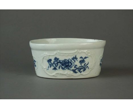 A very rare Worcester potted meat pot circa 1760 of oval shape with gently tapered sides, the rococo embossed panels printed 