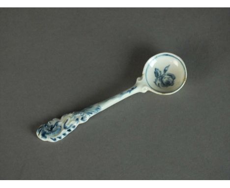 A Worcester mustard or condiment spoon circa 1770 the circular bowl transfer-printed with a single rose within a blue line ri