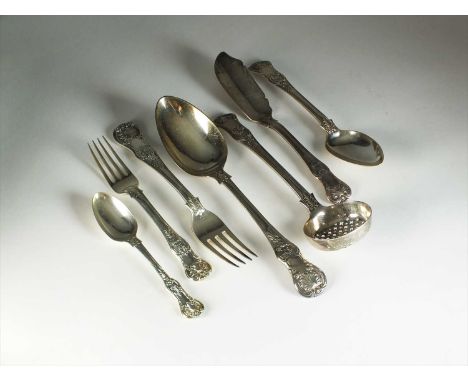 A collection of Queens pattern silver flatware, R W Smith, Dublin 1838, comprising; five tablespoons, five table forks, five 
