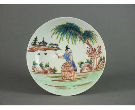 A Worcester saucer, circa 1776-80, painted in bright enamels and depicting a Chinese fisherman with a lobster pot, holding a 