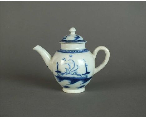 A Caughley toy teapot and cover circa 1780-90 painted in blue with the Island pattern below an associated border, with confor