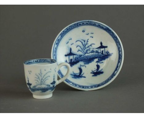 A Caughley toy coffee cup in the 'Island' pattern and associated saucer, circa 1780-90, painted in underglaze blue, S mark 3,