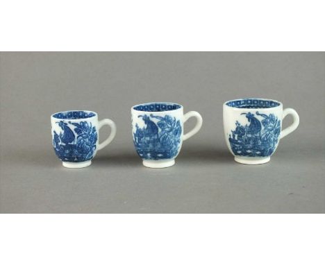 A group of three Caughley toy coffee cups in the Pleasure Boat or Fisherman pattern circa 1785-90 transfer-printed in undergl