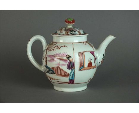 A Worcester teapot and cover circa 1770 of globular form with a flower finial, painted in a polychrome Mandarin pattern with 