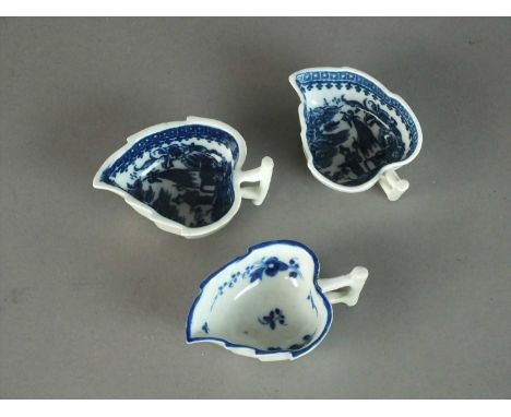 Three Caughley butterboats circa 1785 of geranium leaf dish form with angular moulded handle, transfer-printed in the Pleasur