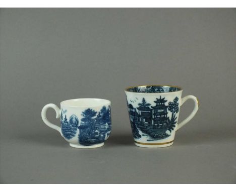 A Caughley custard cup circa 1785 transfer-printed in underglaze blue with the Full Nankin pattern, unmarked, 5cm high; toget