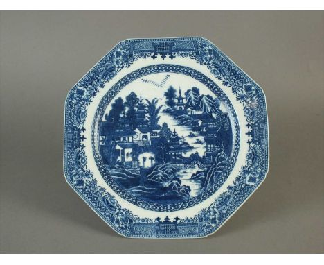 A Caughley octagonal plate circa 1780-90 transfer-printed in underglaze blue with the 'Full Nankin' pattern, impressed 'Salop