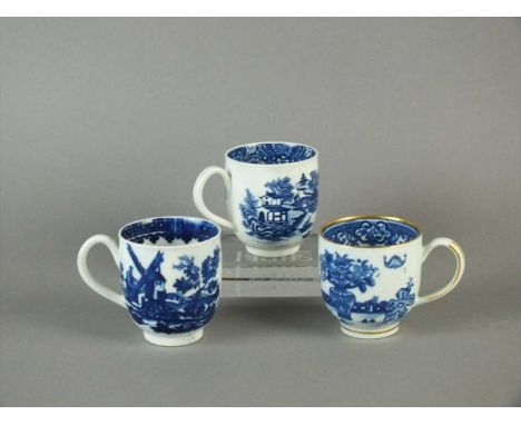 Three Worcester blue and white transfer-printed coffee cups circa 1775-85 comprising a cup with a print from the European Lan