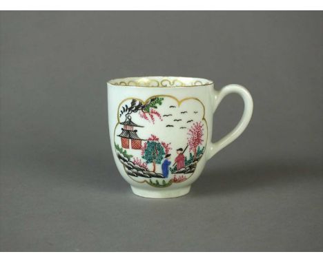 A Worcester 'Stag Hunt' pattern coffee cup, circa 1765-70 of plain form with grooved handles, painted in bright enamels, the 