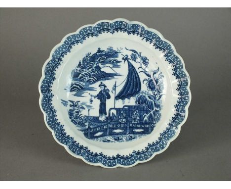 A Caughley dessert plate circa 1785 of lobed form, transfer-printed in underglaze blue with the Pleasure Boat pattern between