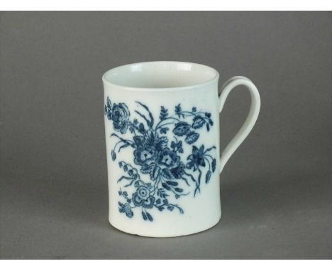 A Caughley mug circa 1778-83 of slightly waisted cylindrical form with indented loop handle, transfer-printed in underglaze b