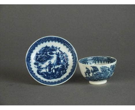 A Caughley toy teabowl and saucer circa 1785 transfer-printed in underglaze blue with the Pleasure Boat pattern and an associ