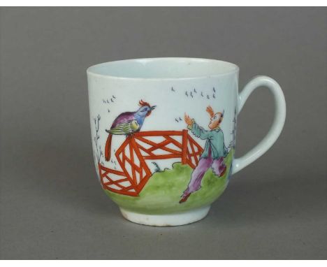 A Worcester coffee cup circa 1755-56 of plain form with a groove handle, painted in enamels with a Chinese boy with his arms 