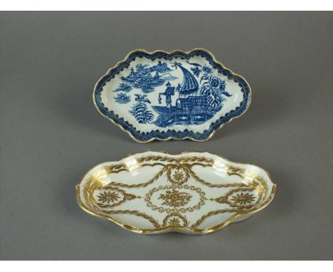 A Caughley spoon tray circa 1785 elaborately gilded with a centralised floral spray surrounded by chain border and leafy swag