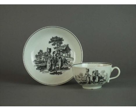 A Worcester 'Milkmaids' pattern teacup and saucer circa 1765 printed in black after Robert Sayer, engraved by Robert Hancock,