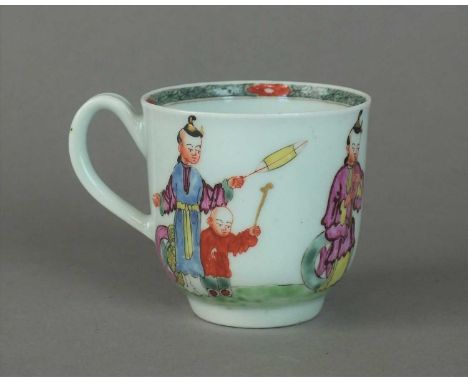 A Worcester coffee cup circa 1760-65 painted in famille verte colours with the 'Chinese Musicians' pattern, a lady playing a 