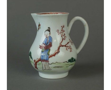 A Liverpool sparrow beak cream jug circa 1762 of low bellied-form, painted in polychrome with Long Eliza figures, trees and s